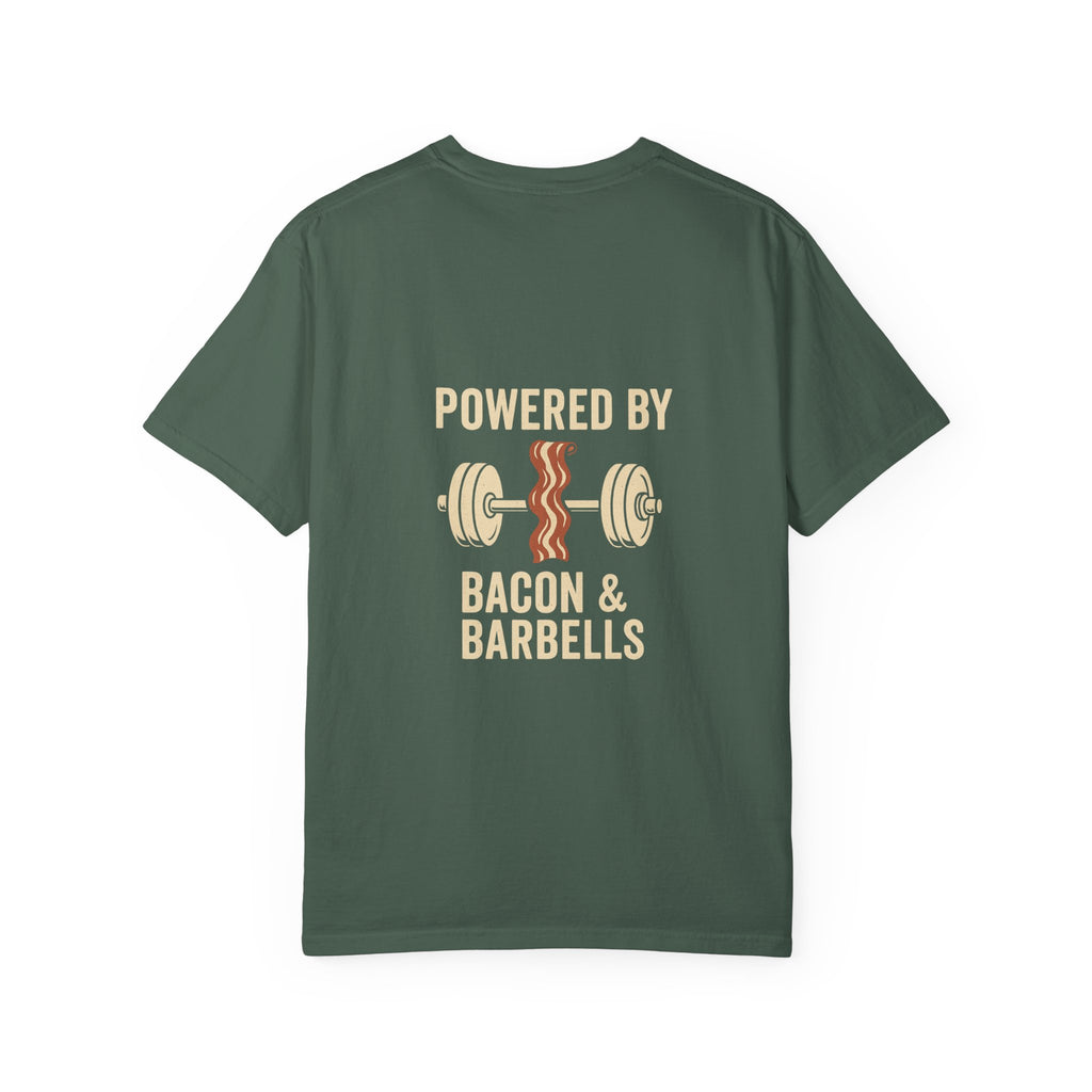 Garment-Dyed Fitness T-shirt for Food Lovers, Gym Apparel, Funny Tee, Bacon & Barbells Shirt, Unisex Workout Top