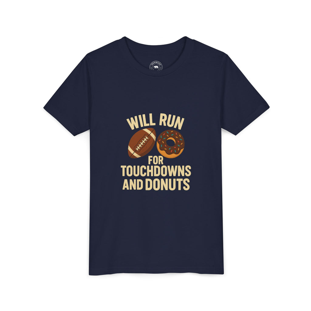 Youth Short Sleeve Tee - Will Run for Touchdowns and Donuts, Fun Sports Shirt, Gift for Young Athletes, Birthday, Back to School, [...]