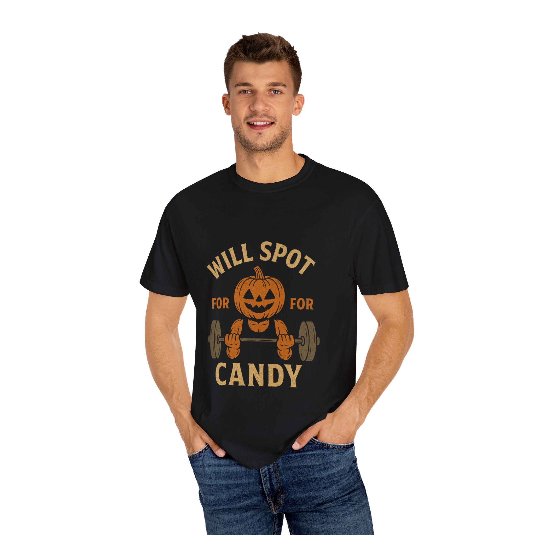 Halloween Workout T-Shirt - 'Will Spot for Candy' Unisex Tee, Funny Gym Shirt, Gift for Fitness Lovers, Halloween Apparel, Cute Workout Top