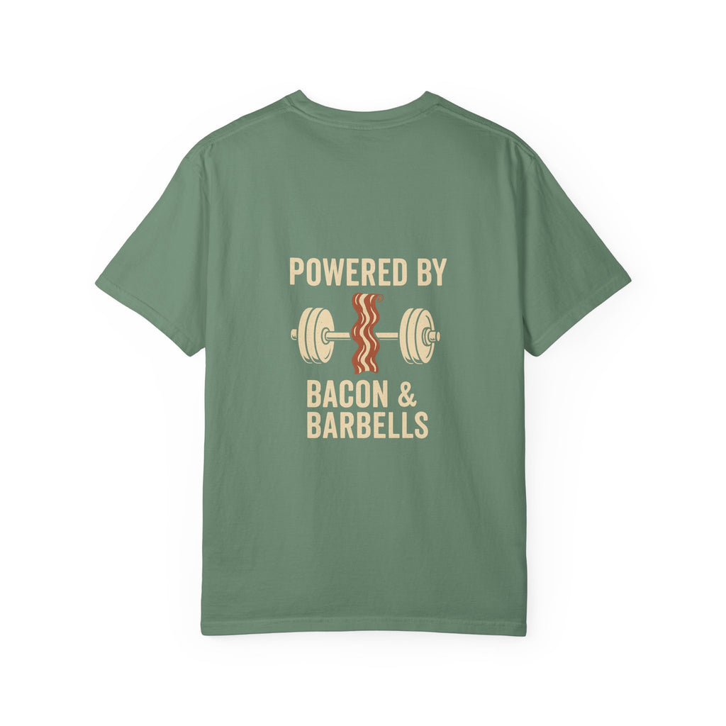 Garment-Dyed Fitness T-shirt for Food Lovers, Gym Apparel, Funny Tee, Bacon & Barbells Shirt, Unisex Workout Top