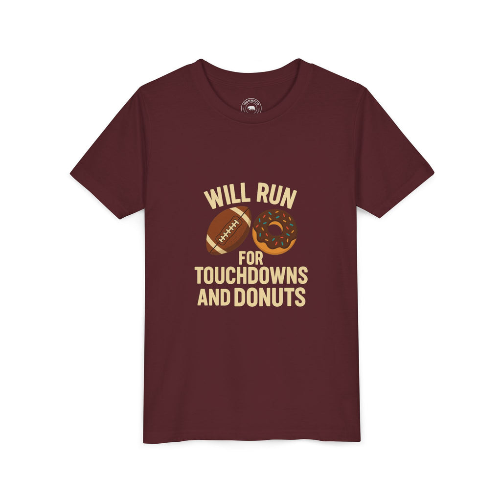 Youth Short Sleeve Tee - Will Run for Touchdowns and Donuts, Fun Sports Shirt, Gift for Young Athletes, Birthday, Back to School, [...]