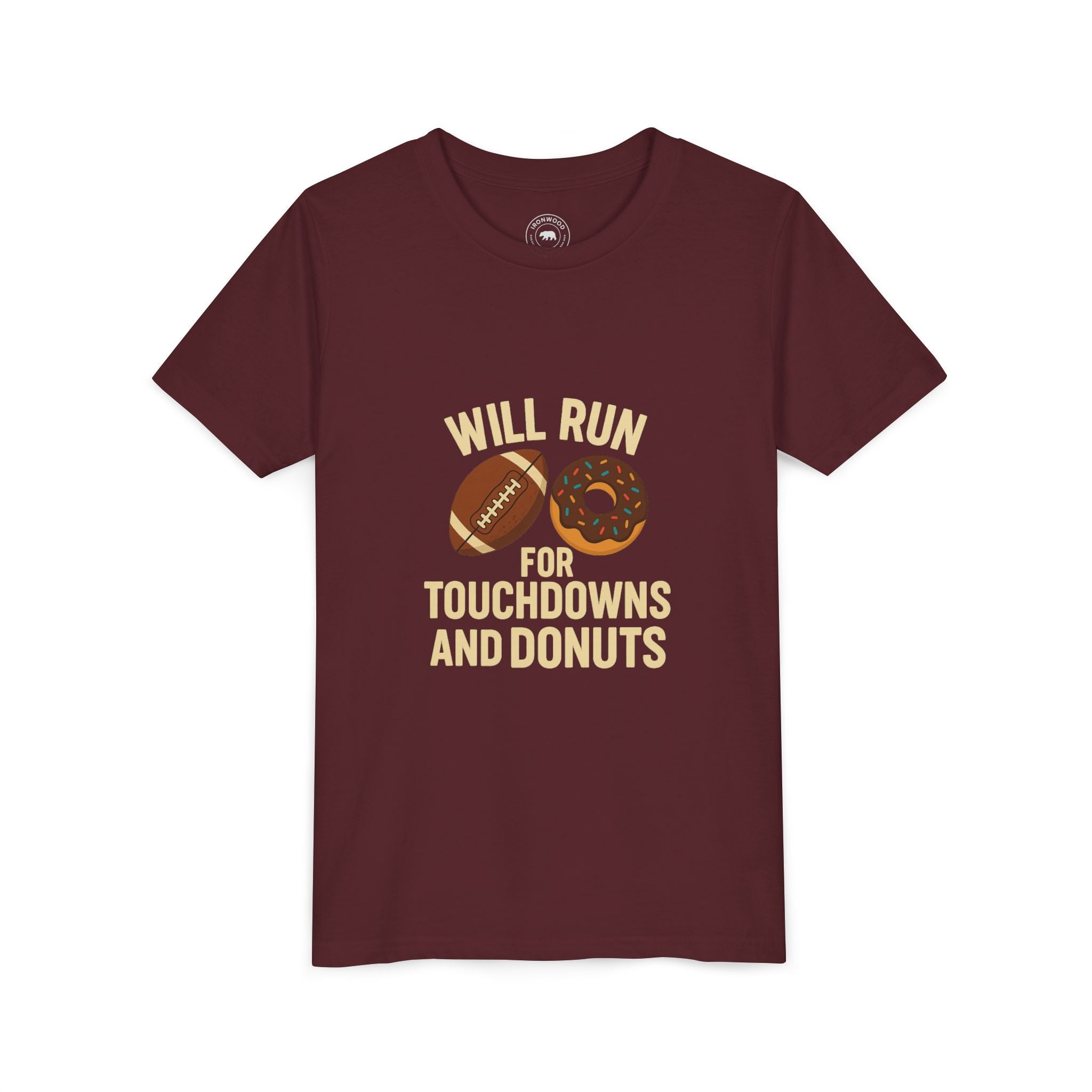 Youth Short Sleeve Tee - Will Run for Touchdowns and Donuts, Fun Sports Shirt, Gift for Young Athletes, Birthday, Back to School, [...]