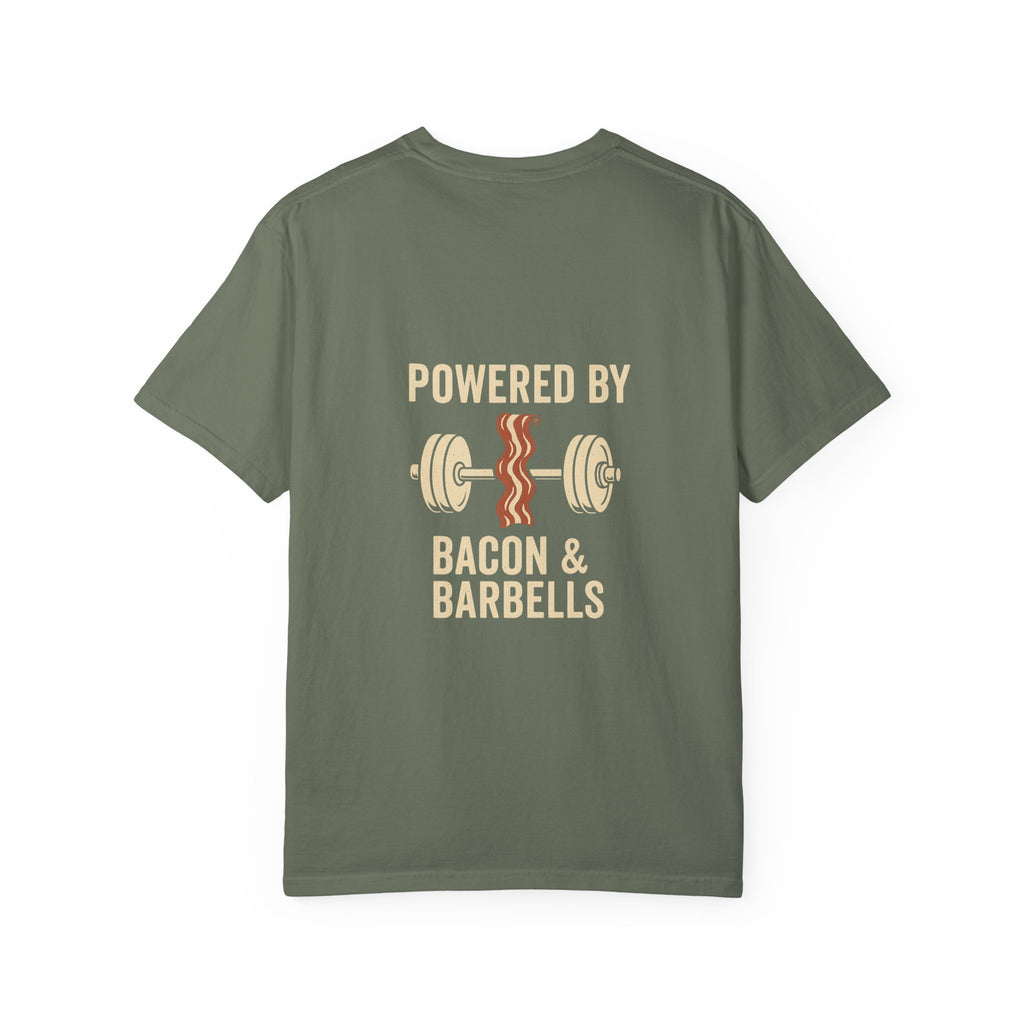 Garment-Dyed Fitness T-shirt for Food Lovers, Gym Apparel, Funny Tee, Bacon & Barbells Shirt, Unisex Workout Top