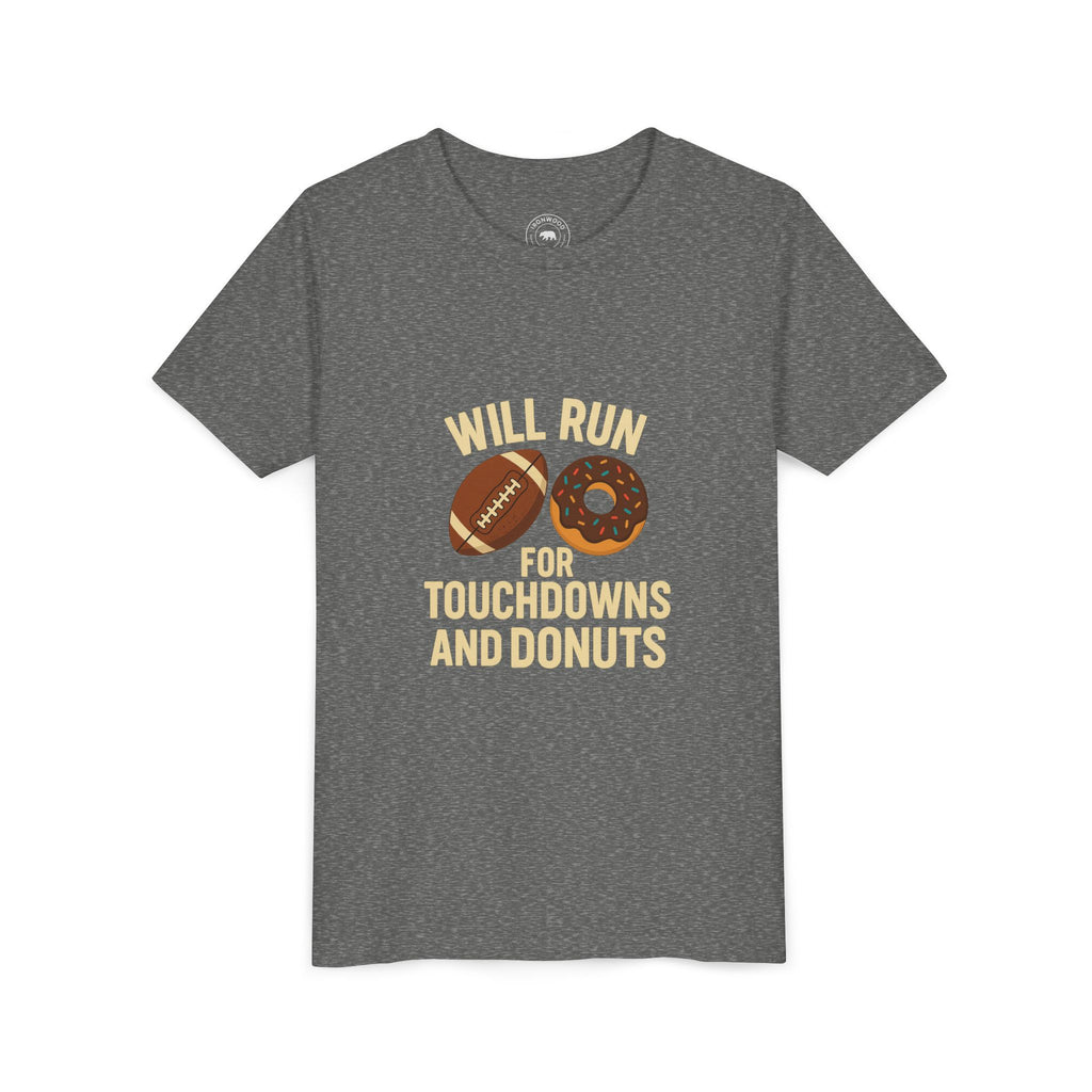 Youth Short Sleeve Tee - Will Run for Touchdowns and Donuts, Fun Sports Shirt, Gift for Young Athletes, Birthday, Back to School, [...]