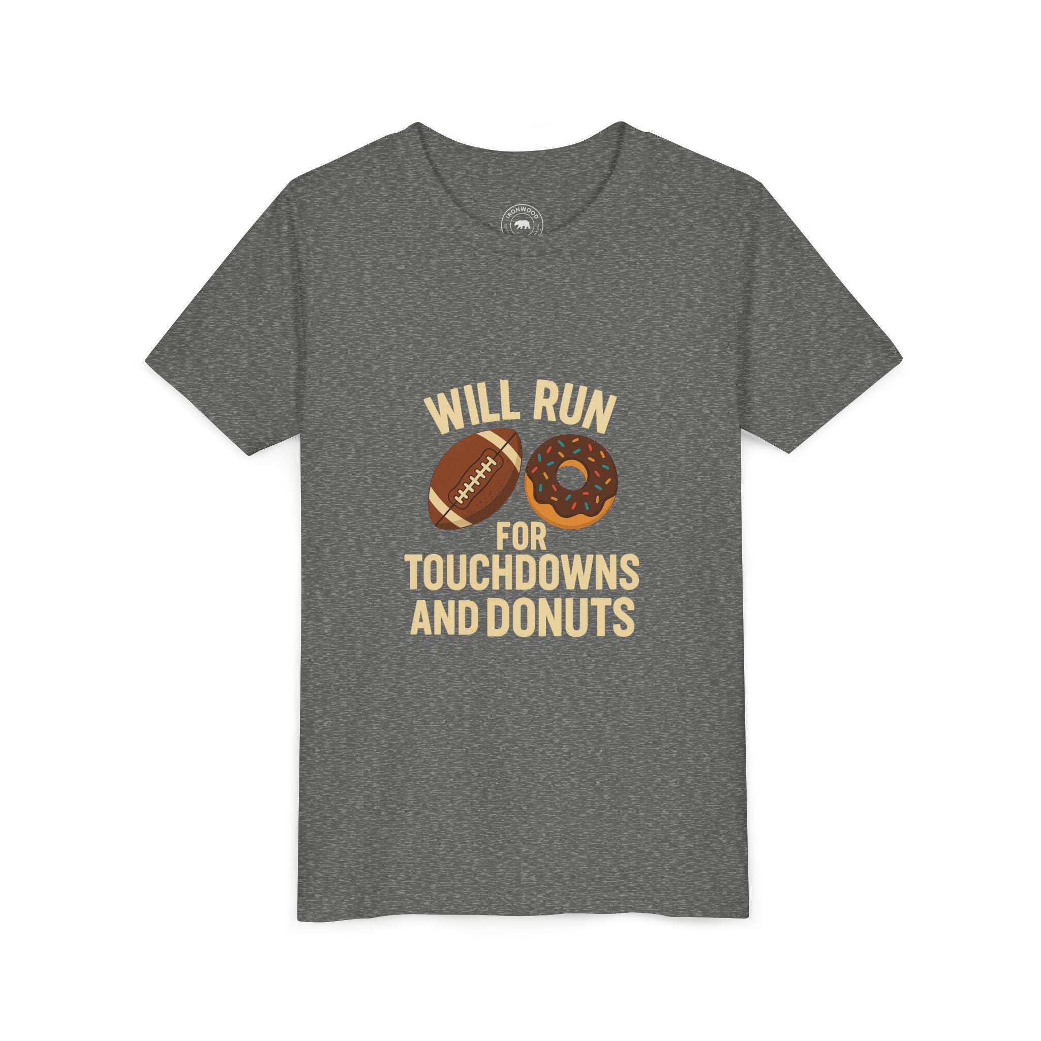 Youth Short Sleeve Tee - Will Run for Touchdowns and Donuts, Fun Sports Shirt, Gift for Young Athletes, Birthday, Back to School, [...]