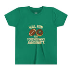 Youth Short Sleeve Tee - Will Run for Touchdowns and Donuts, Fun Sports Shirt, Gift for Young Athletes, Birthday, Back to School, [...]