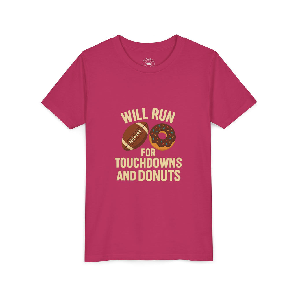 Youth Short Sleeve Tee - Will Run for Touchdowns and Donuts, Fun Sports Shirt, Gift for Young Athletes, Birthday, Back to School, [...]