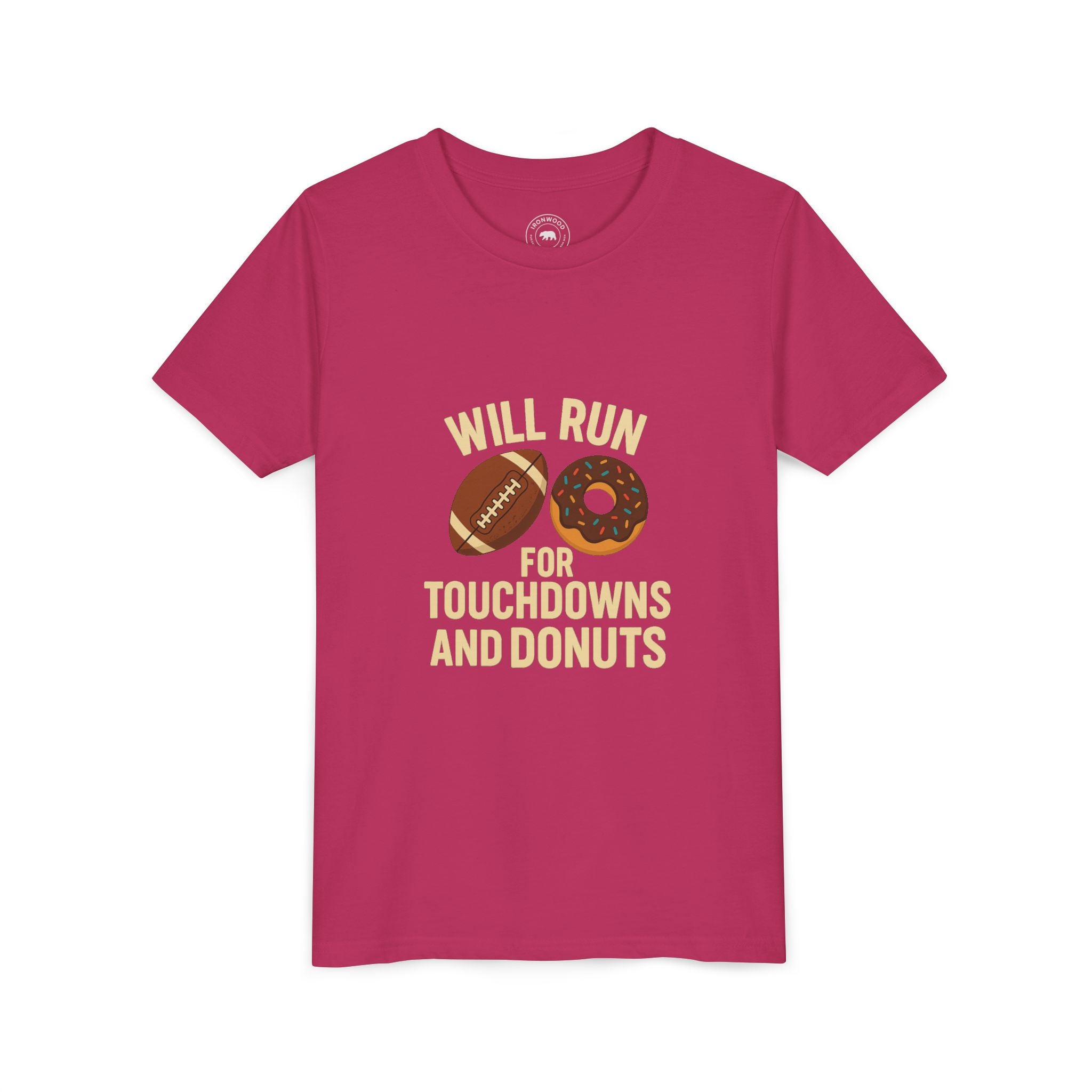 Youth Short Sleeve Tee - Will Run for Touchdowns and Donuts, Fun Sports Shirt, Gift for Young Athletes, Birthday, Back to School, [...]