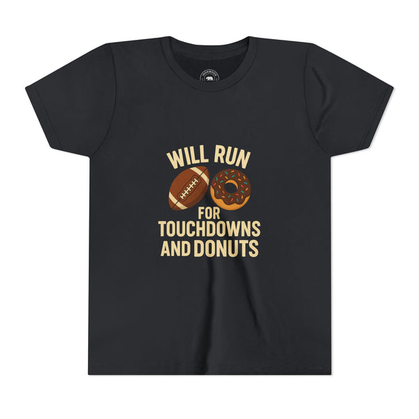 Youth Short Sleeve Tee - Will Run for Touchdowns and Donuts, Fun Sports Shirt, Gift for Young Athletes, Birthday, Back to School, [...]