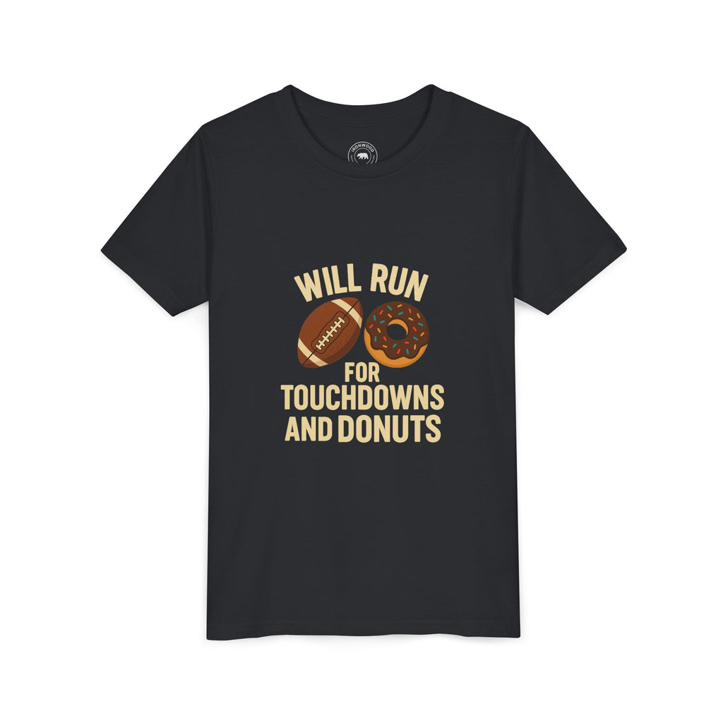 Youth Short Sleeve Tee - Will Run for Touchdowns and Donuts, Fun Sports Shirt, Gift for Young Athletes, Birthday, Back to School, [...]