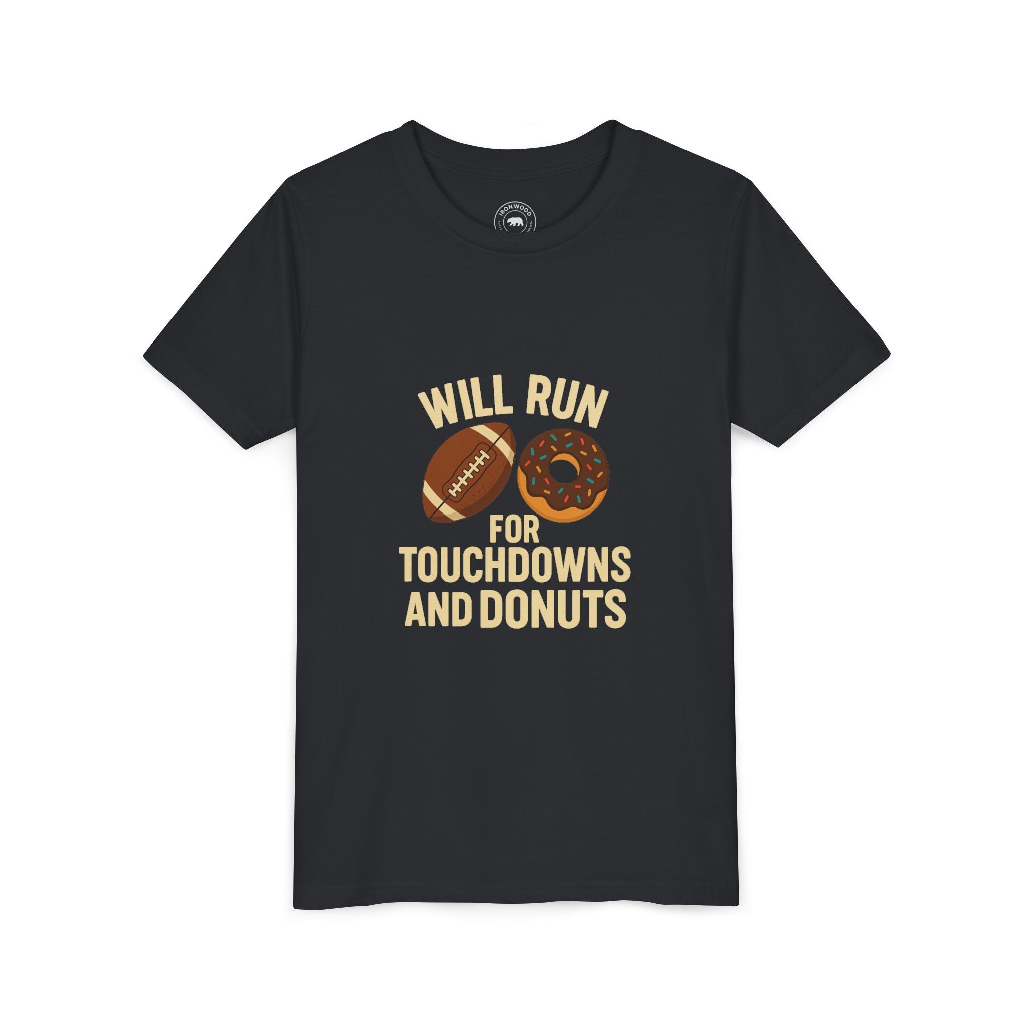 Youth Short Sleeve Tee - Will Run for Touchdowns and Donuts, Fun Sports Shirt, Gift for Young Athletes, Birthday, Back to School, [...]