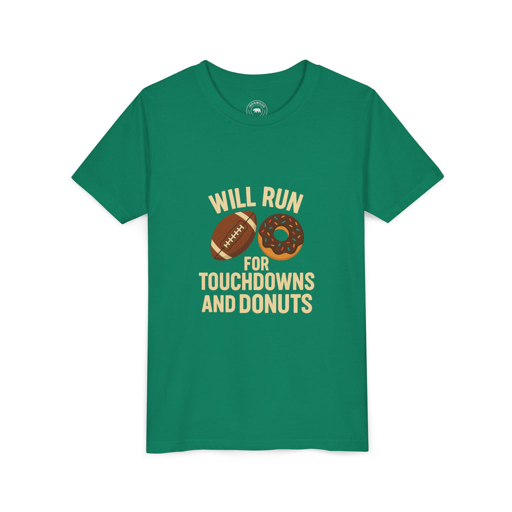 Youth Short Sleeve Tee - Will Run for Touchdowns and Donuts, Fun Sports Shirt, Gift for Young Athletes, Birthday, Back to School, [...]