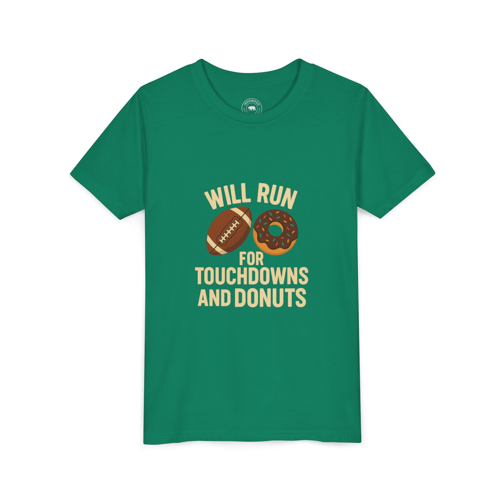 Youth Short Sleeve Tee - Will Run for Touchdowns and Donuts, Fun Sports Shirt, Gift for Young Athletes, Birthday, Back to School, [...]