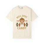 Halloween Workout T-Shirt - 'Will Spot for Candy' Unisex Tee, Funny Gym Shirt, Gift for Fitness Lovers, Halloween Apparel, Cute Workout Top