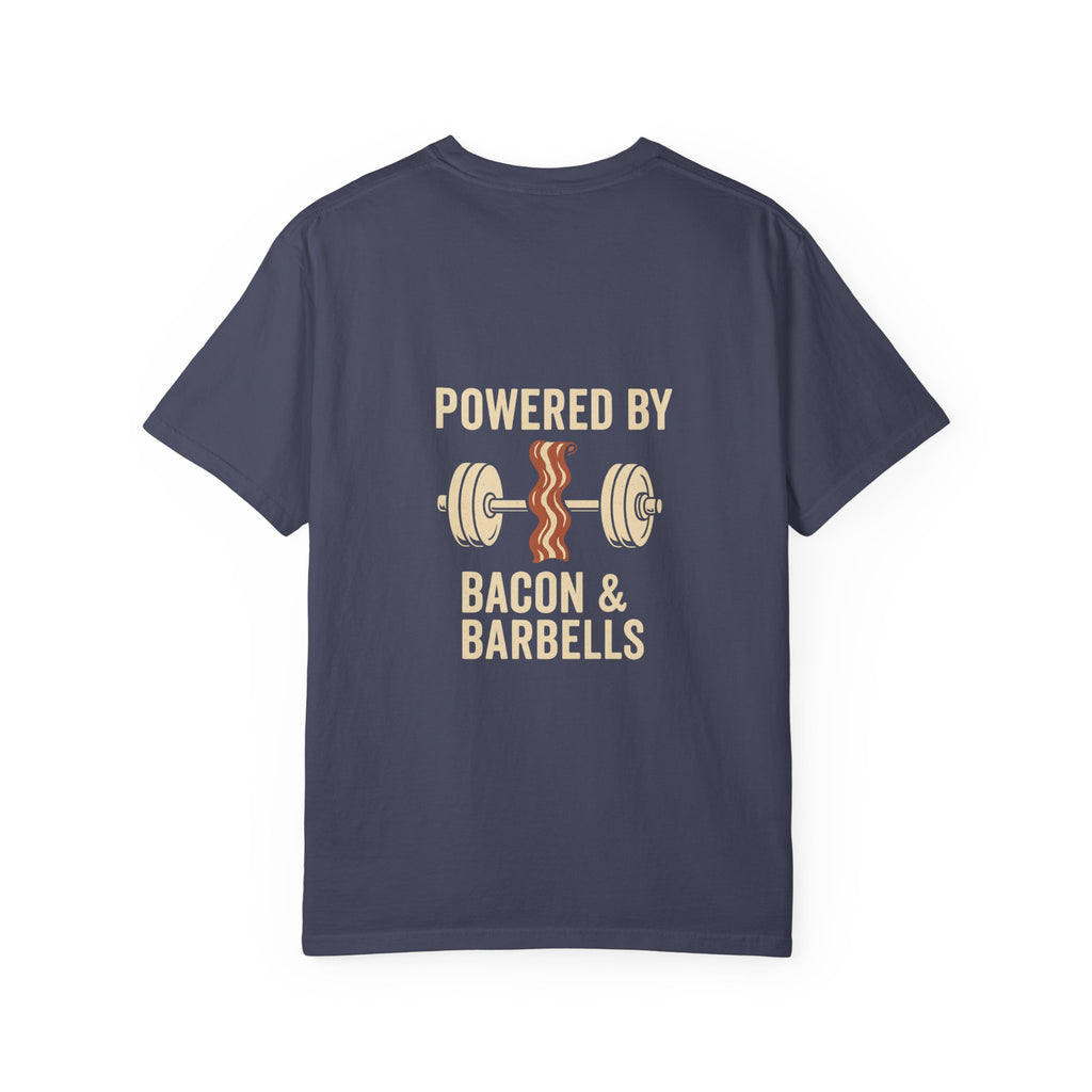 Garment-Dyed Fitness T-shirt for Food Lovers, Gym Apparel, Funny Tee, Bacon & Barbells Shirt, Unisex Workout Top