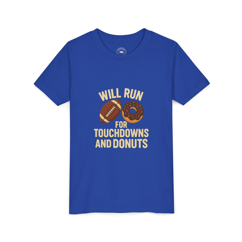 Youth Short Sleeve Tee - Will Run for Touchdowns and Donuts, Fun Sports Shirt, Gift for Young Athletes, Birthday, Back to School, [...]