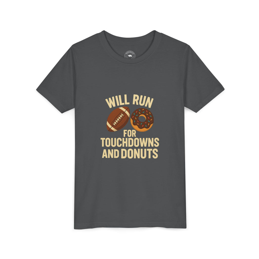 Youth Short Sleeve Tee - Will Run for Touchdowns and Donuts, Fun Sports Shirt, Gift for Young Athletes, Birthday, Back to School, [...]