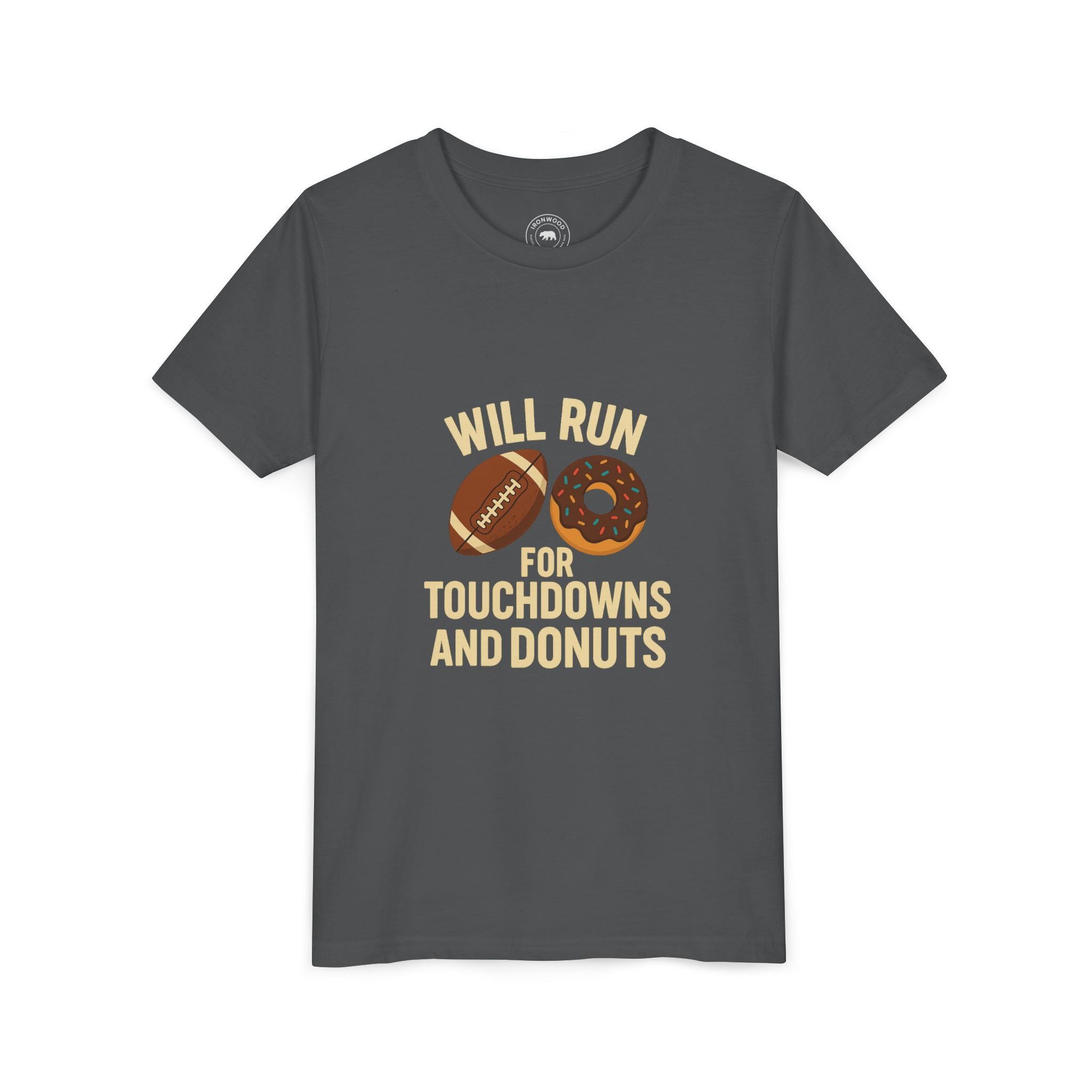 Youth Short Sleeve Tee - Will Run for Touchdowns and Donuts, Fun Sports Shirt, Gift for Young Athletes, Birthday, Back to School, [...]