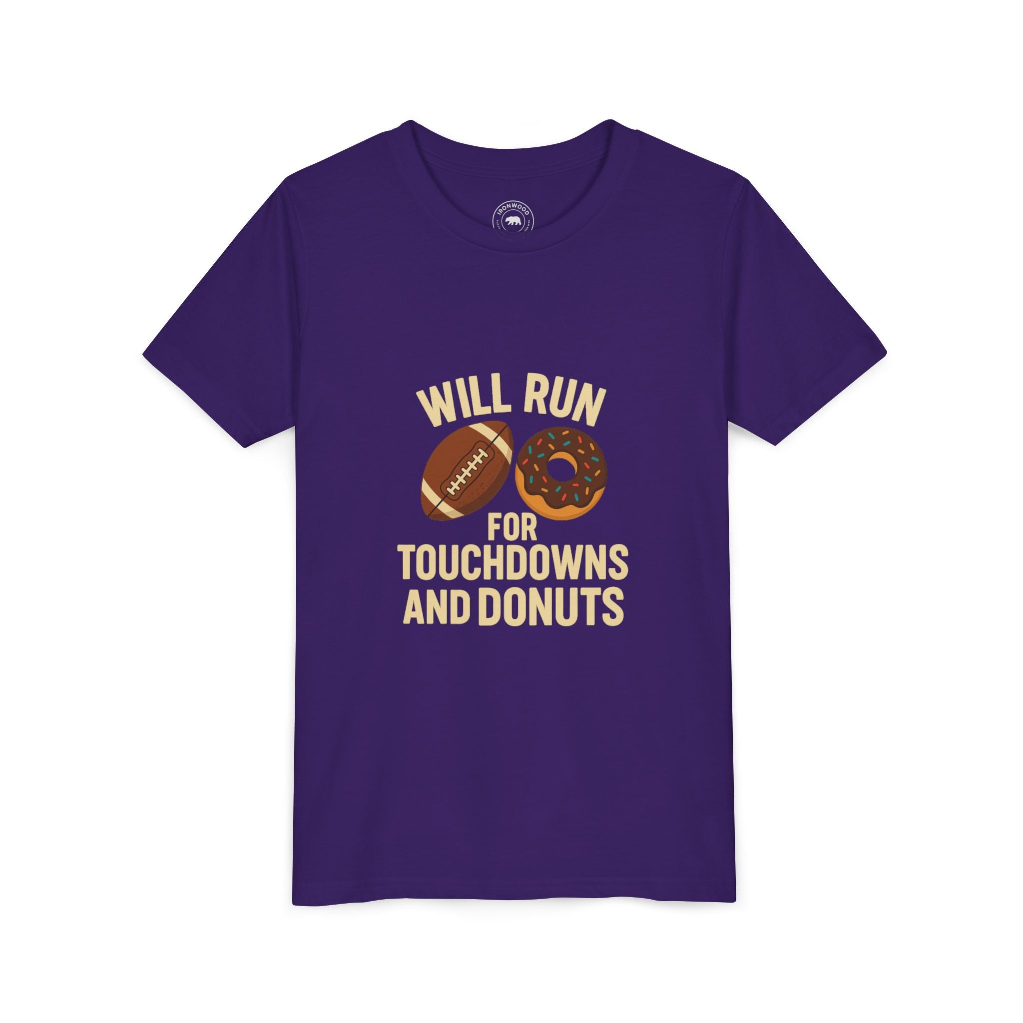 Youth Short Sleeve Tee - Will Run for Touchdowns and Donuts, Fun Sports Shirt, Gift for Young Athletes, Birthday, Back to School, [...]