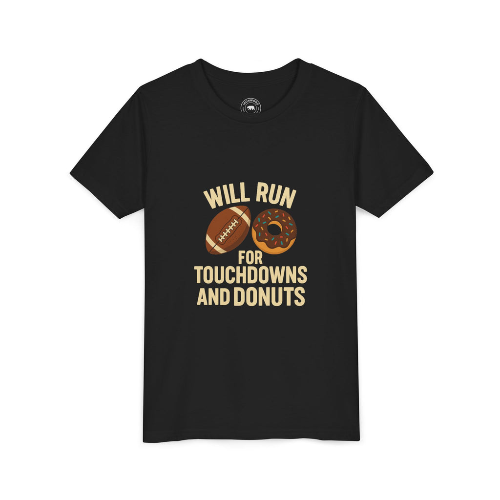 Youth Short Sleeve Tee - Will Run for Touchdowns and Donuts, Fun Sports Shirt, Gift for Young Athletes, Birthday, Back to School, [...]