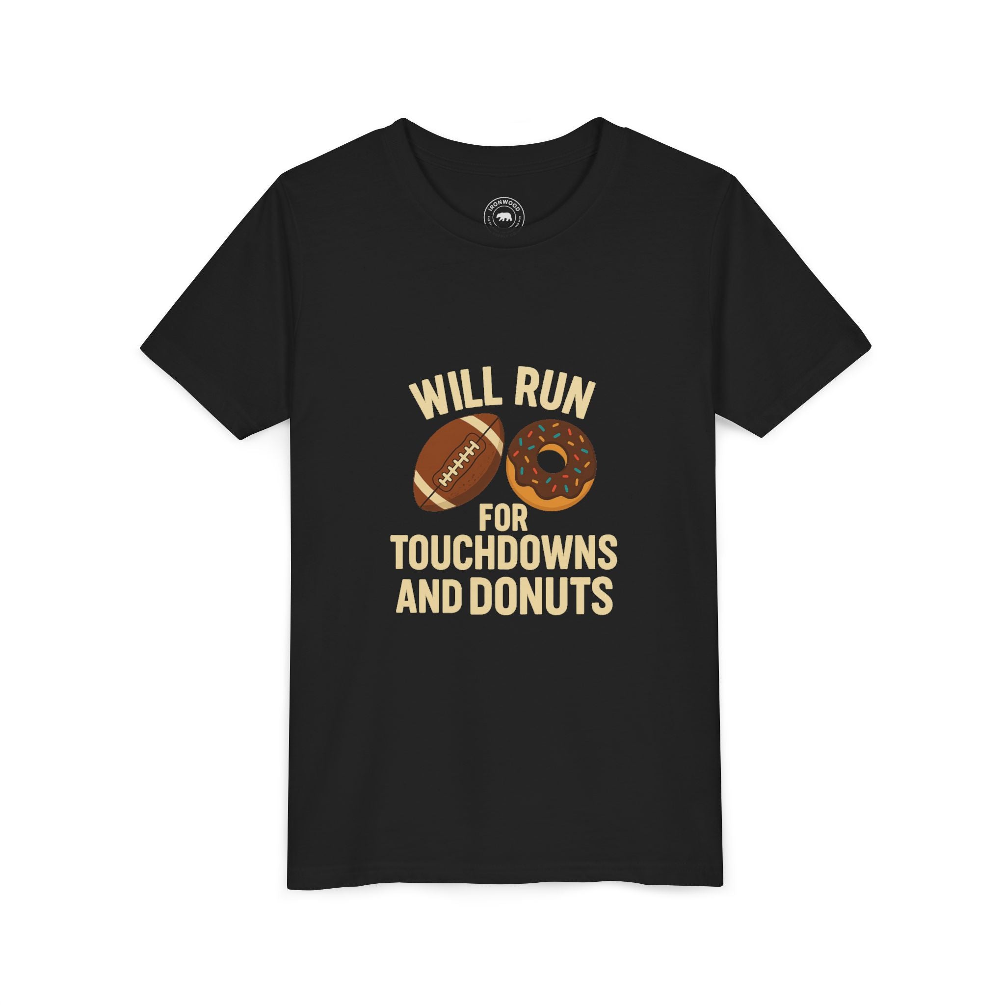 Youth Short Sleeve Tee - Will Run for Touchdowns and Donuts, Fun Sports Shirt, Gift for Young Athletes, Birthday, Back to School, [...]