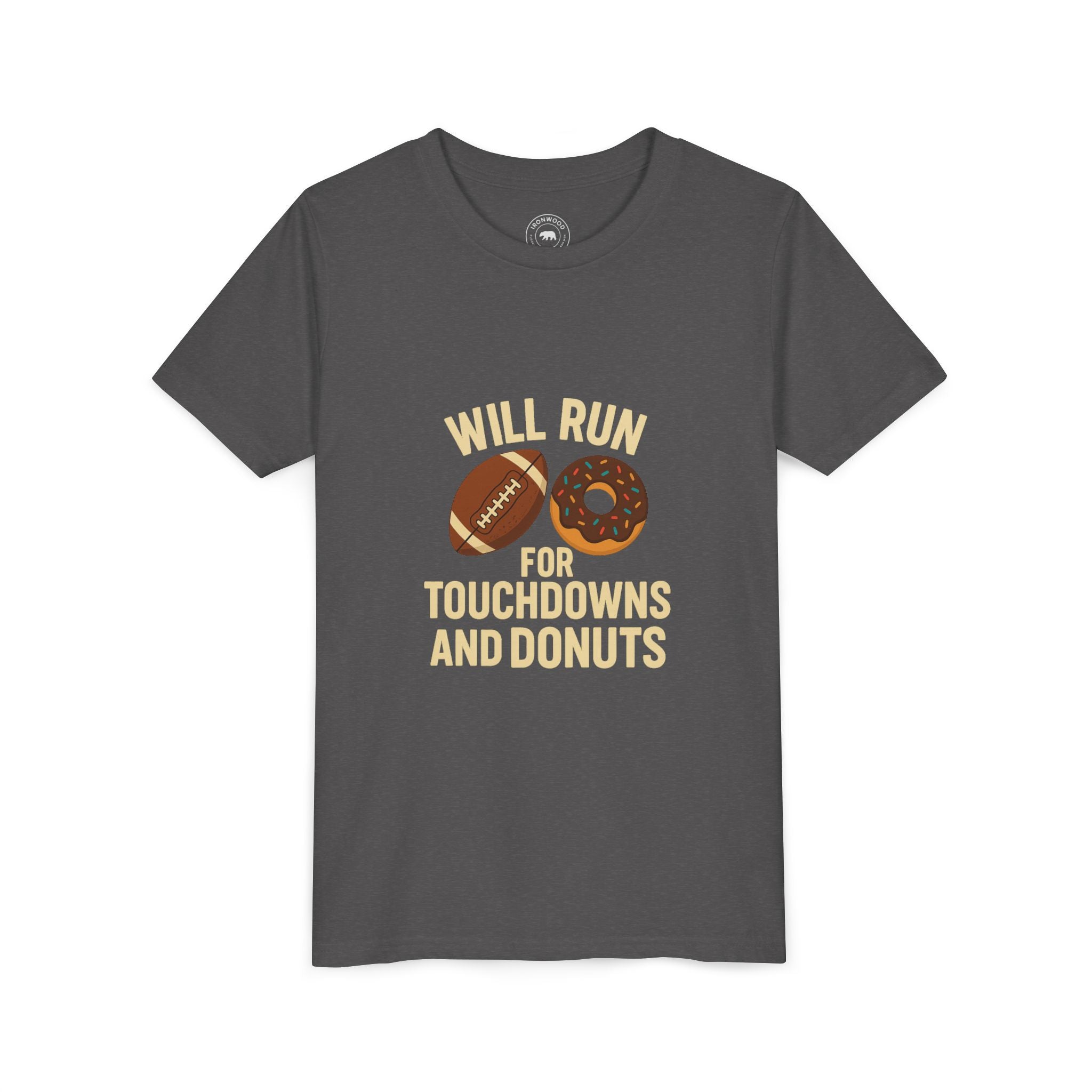 Youth Short Sleeve Tee - Will Run for Touchdowns and Donuts, Fun Sports Shirt, Gift for Young Athletes, Birthday, Back to School, [...]