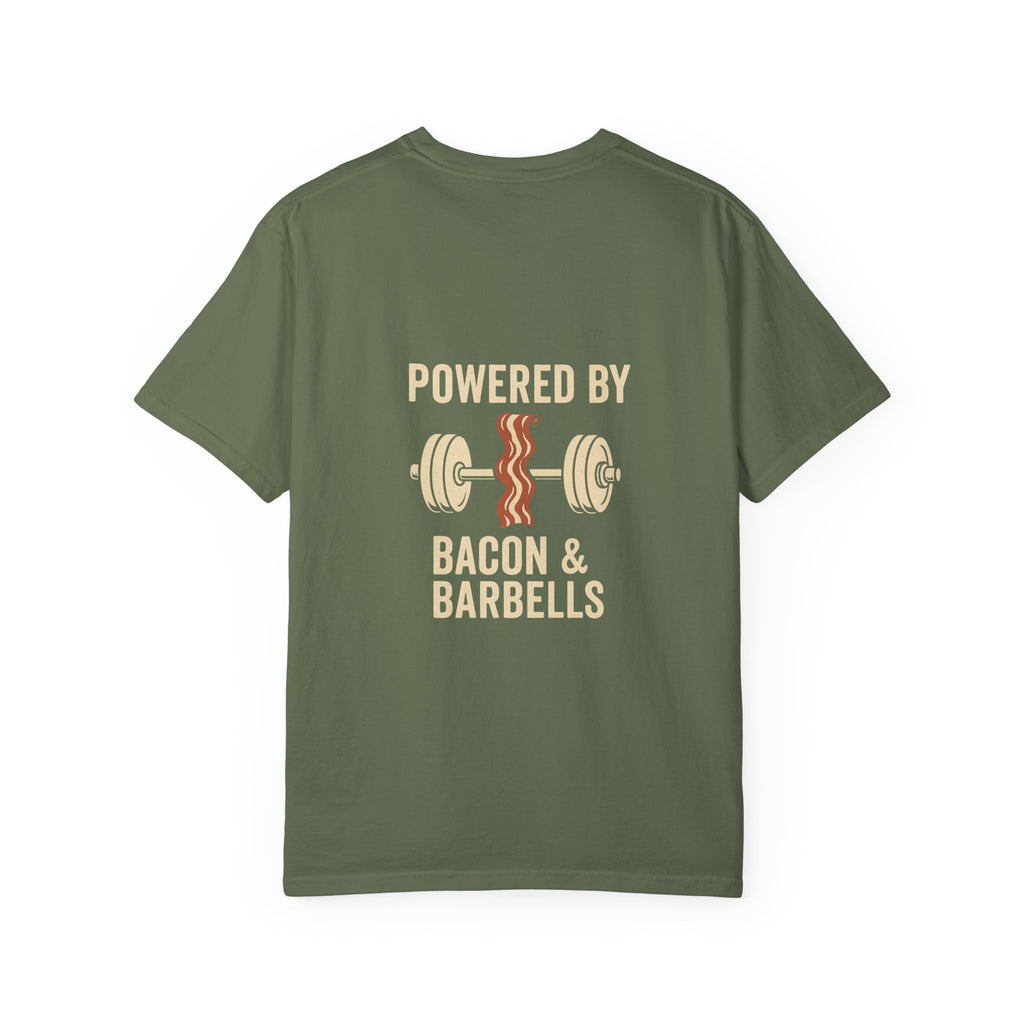 Garment-Dyed Fitness T-shirt for Food Lovers, Gym Apparel, Funny Tee, Bacon & Barbells Shirt, Unisex Workout Top