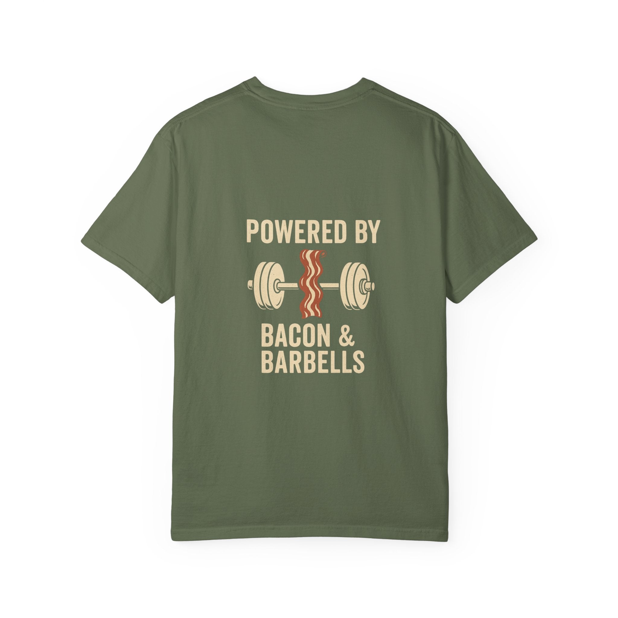 Garment-Dyed Fitness T-shirt for Food Lovers, Gym Apparel, Funny Tee, Bacon & Barbells Shirt, Unisex Workout Top