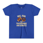 Youth Short Sleeve Tee - Will Run for Touchdowns and Donuts, Fun Sports Shirt, Gift for Young Athletes, Birthday, Back to School, [...]