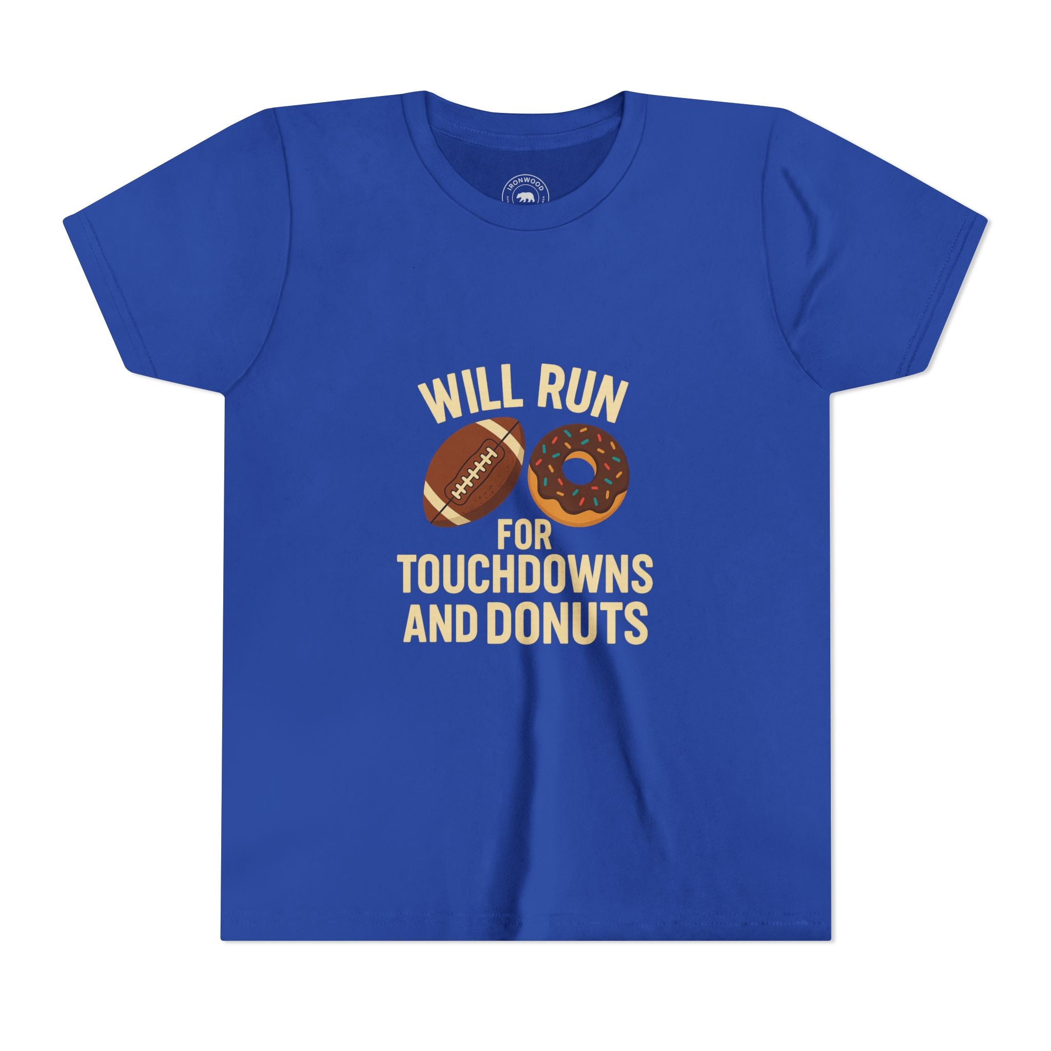 Youth Short Sleeve Tee - Will Run for Touchdowns and Donuts, Fun Sports Shirt, Gift for Young Athletes, Birthday, Back to School, [...]