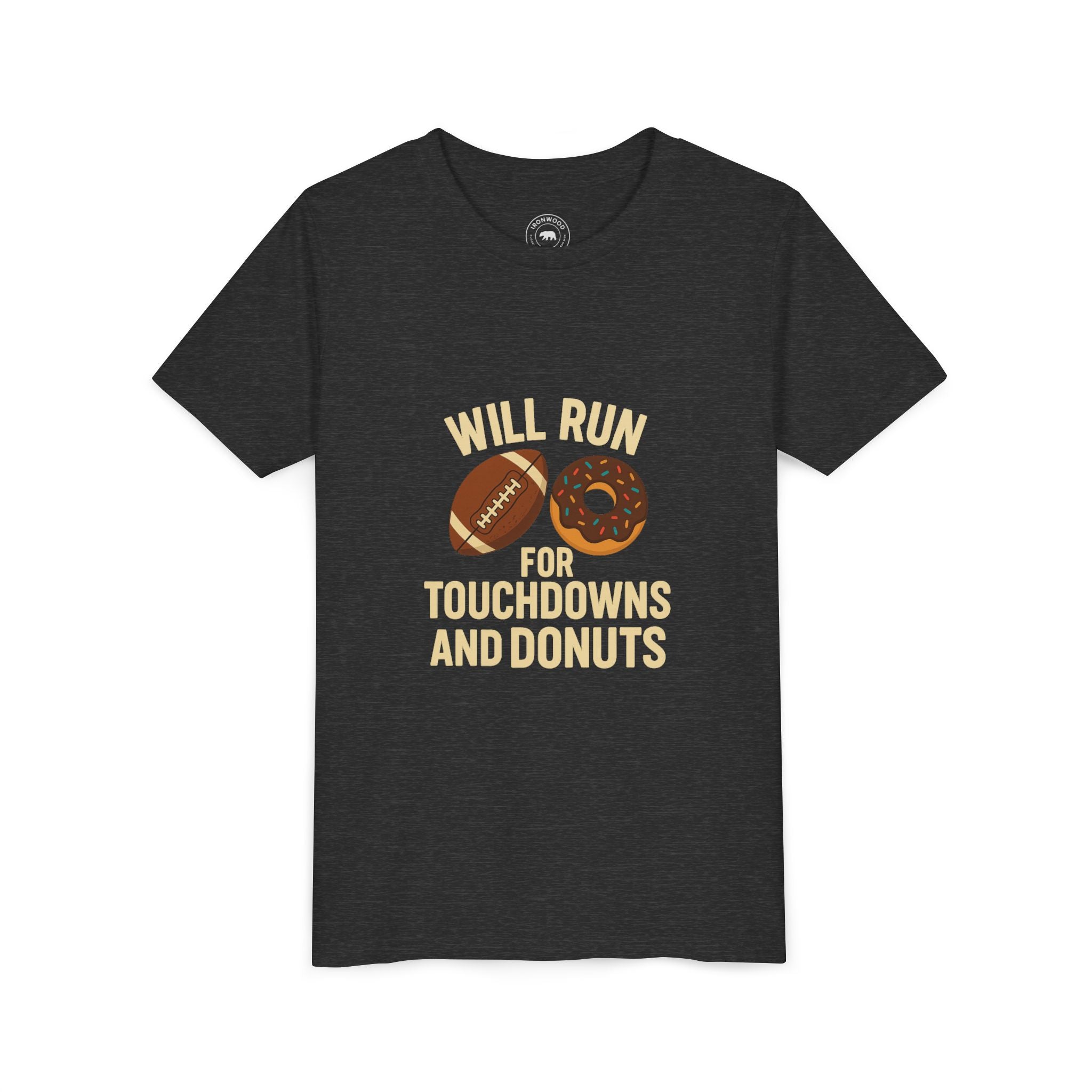 Youth Short Sleeve Tee - Will Run for Touchdowns and Donuts, Fun Sports Shirt, Gift for Young Athletes, Birthday, Back to School, [...]