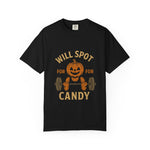 Halloween Workout T-Shirt - 'Will Spot for Candy' Unisex Tee, Funny Gym Shirt, Gift for Fitness Lovers, Halloween Apparel, Cute Workout Top
