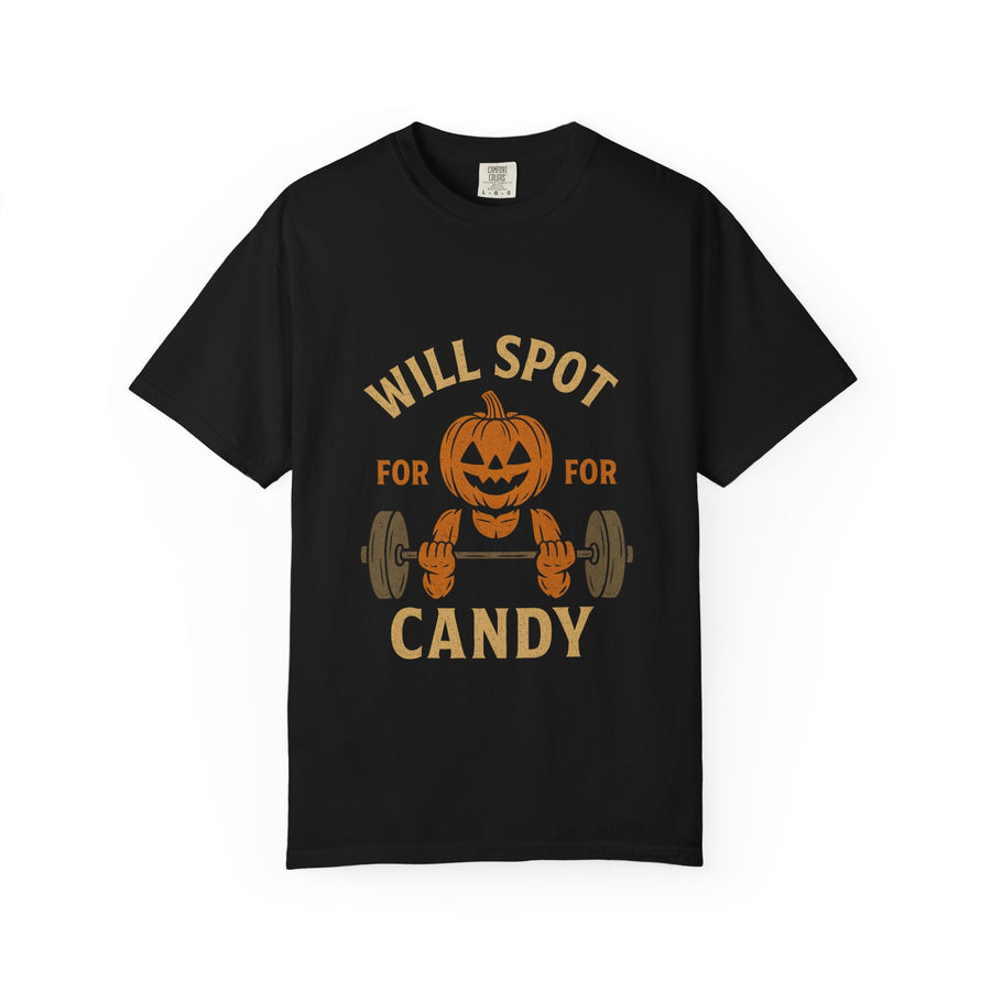 Halloween Workout T-Shirt - 'Will Spot for Candy' Unisex Tee, Funny Gym Shirt, Gift for Fitness Lovers, Halloween Apparel, Cute Workout Top