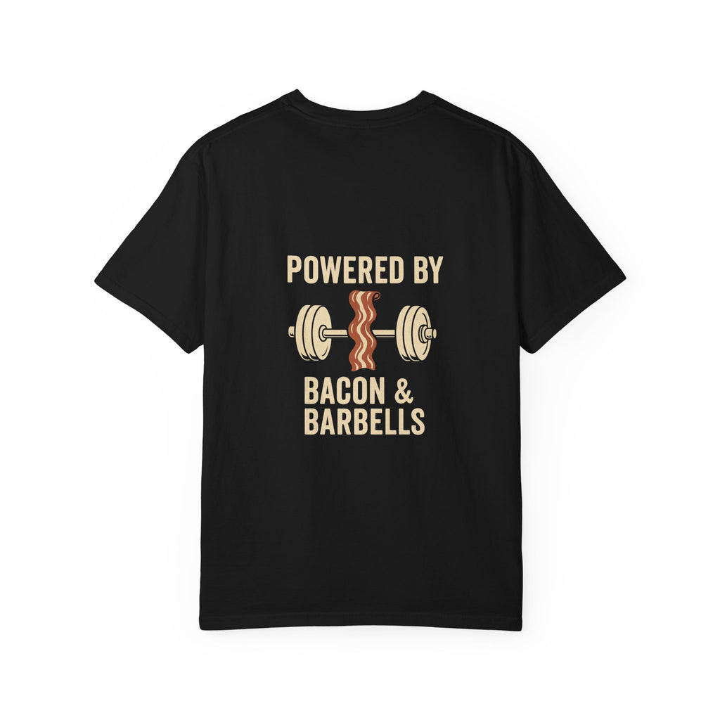 Garment-Dyed Fitness T-shirt for Food Lovers, Gym Apparel, Funny Tee, Bacon & Barbells Shirt, Unisex Workout Top