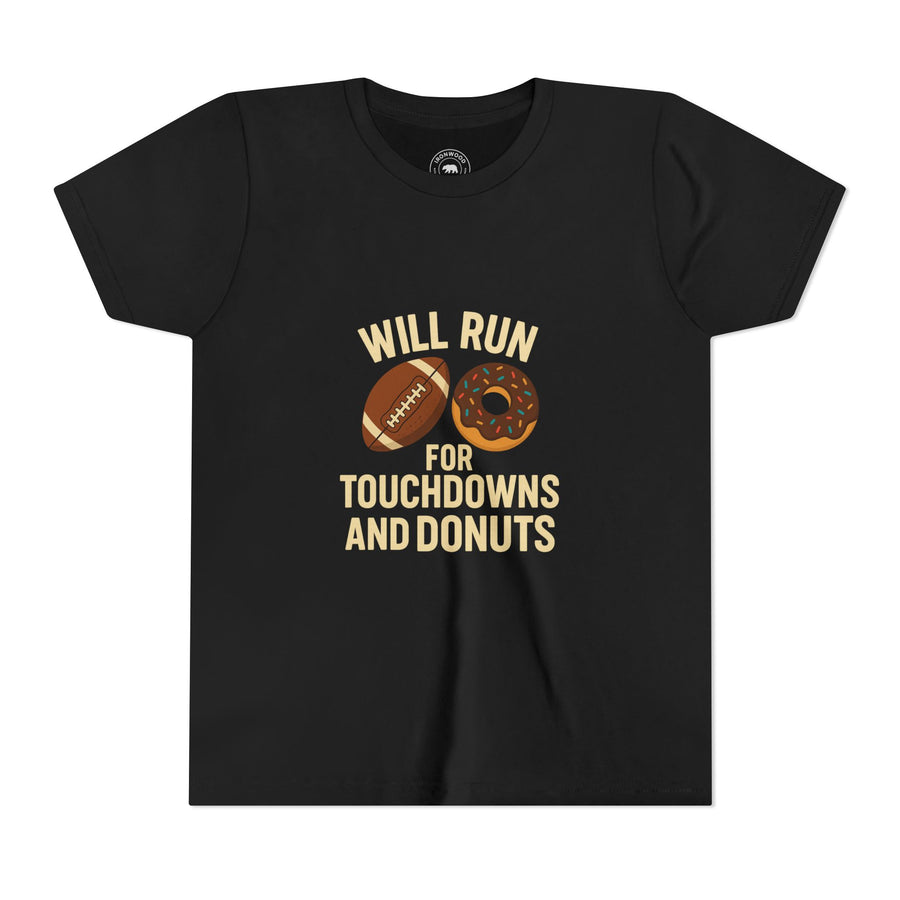 Youth Short Sleeve Tee - Will Run for Touchdowns and Donuts, Fun Sports Shirt, Gift for Young Athletes, Birthday, Back to School, [...]