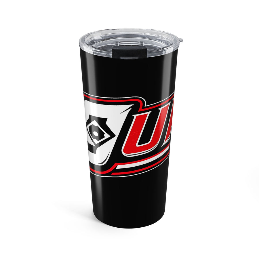 20oz Black Logo Tumbler - Insulated Travel Cup with Red/White Racing Emblem