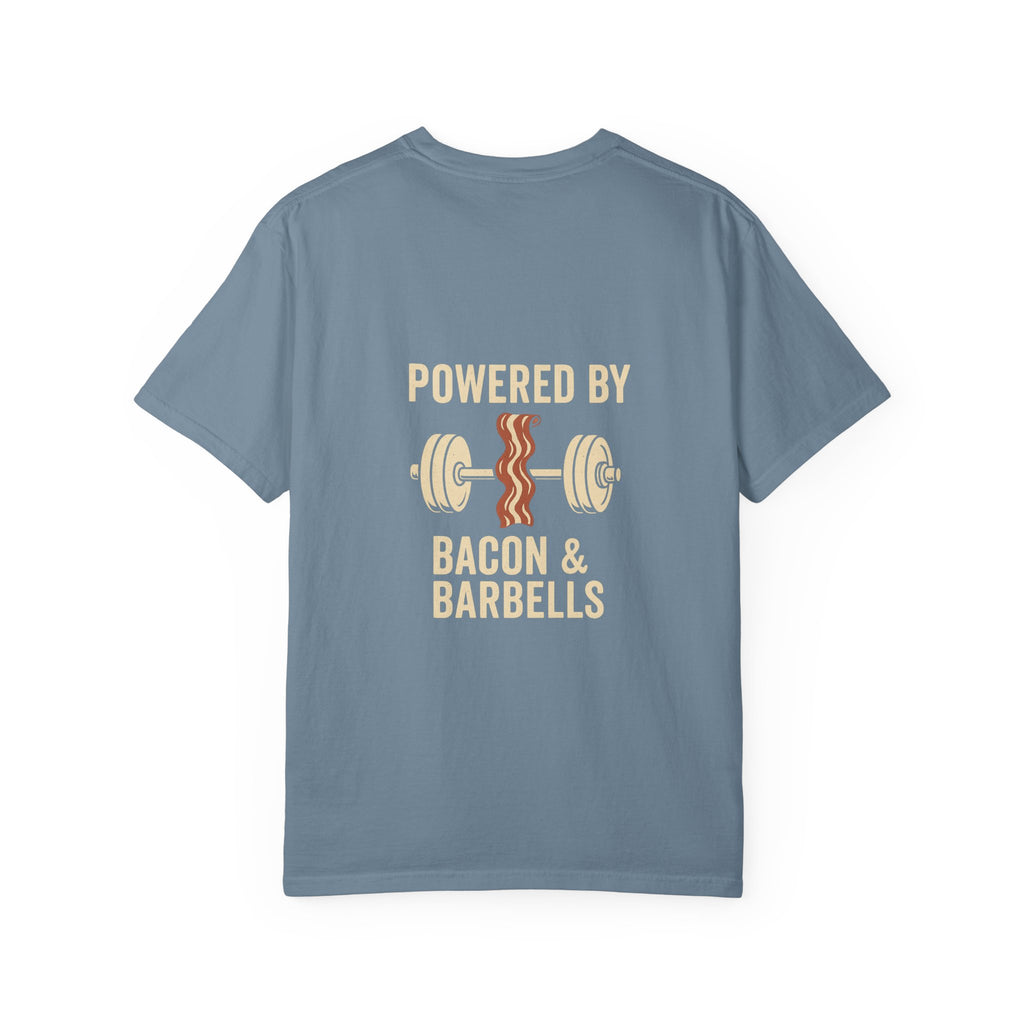 Garment-Dyed Fitness T-shirt for Food Lovers, Gym Apparel, Funny Tee, Bacon & Barbells Shirt, Unisex Workout Top