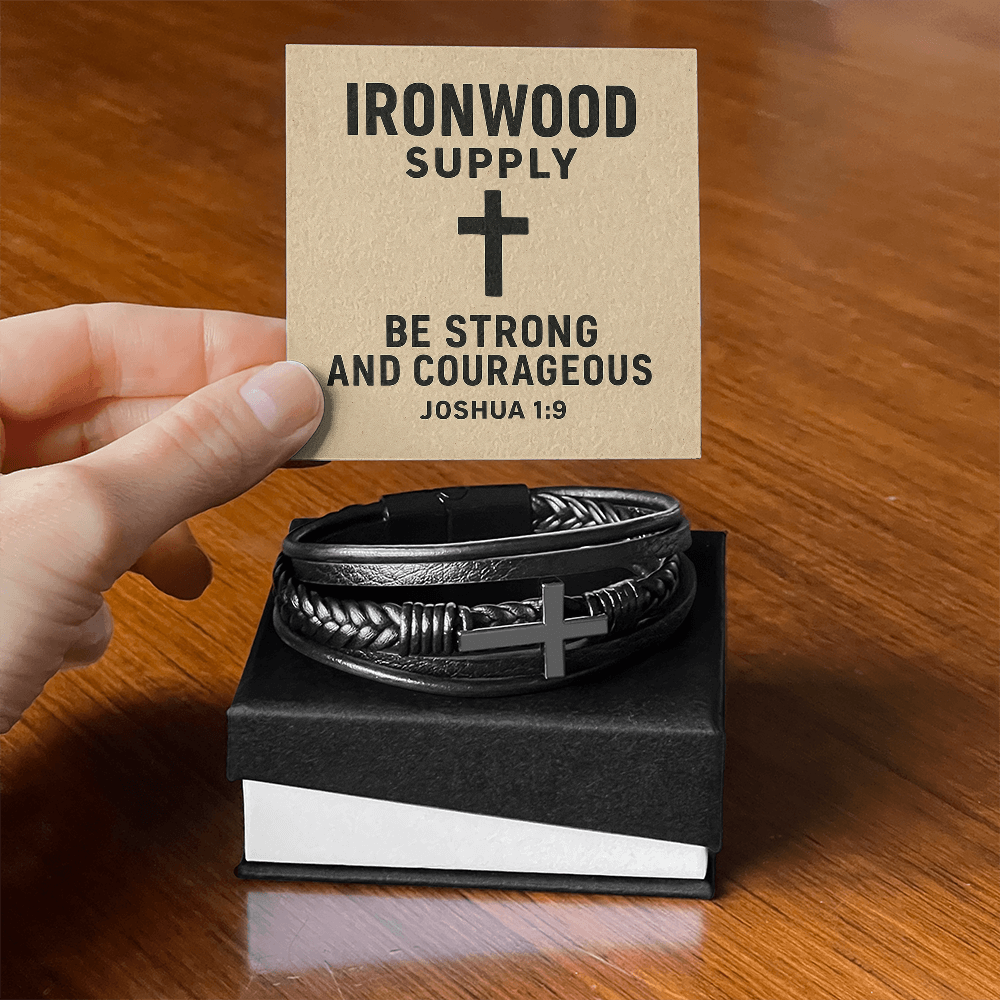 Forged Faith: Men's Black Leather Cross Bracelet