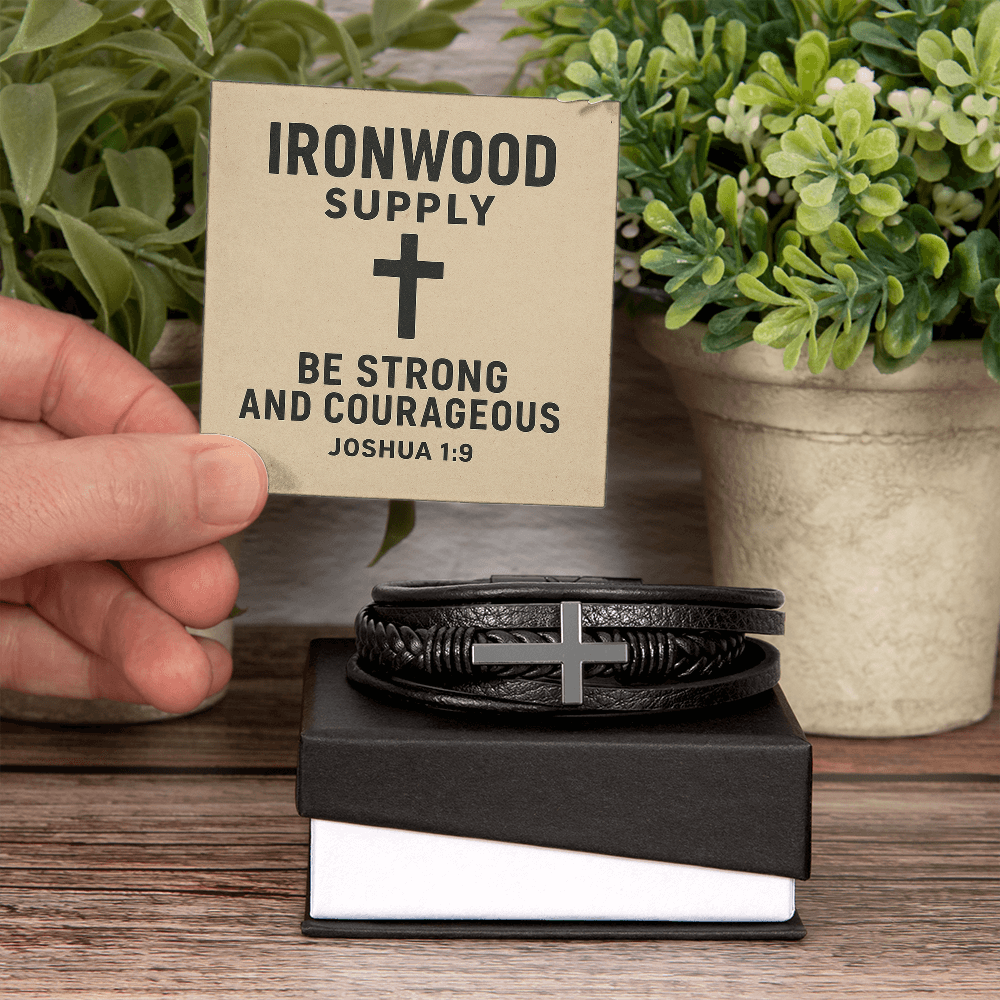 Forged Faith: Men's Black Leather Cross Bracelet