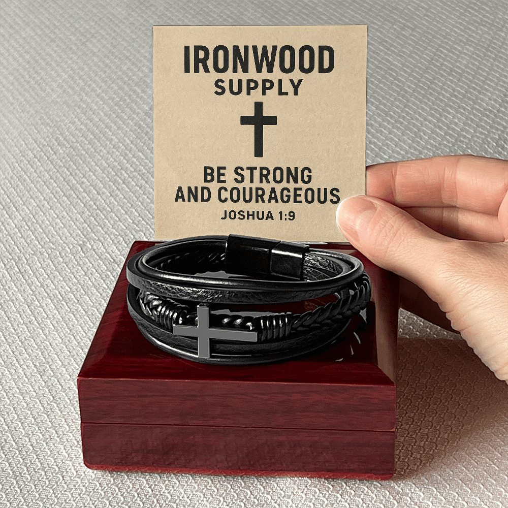 Forged Faith: Men's Black Leather Cross Bracelet