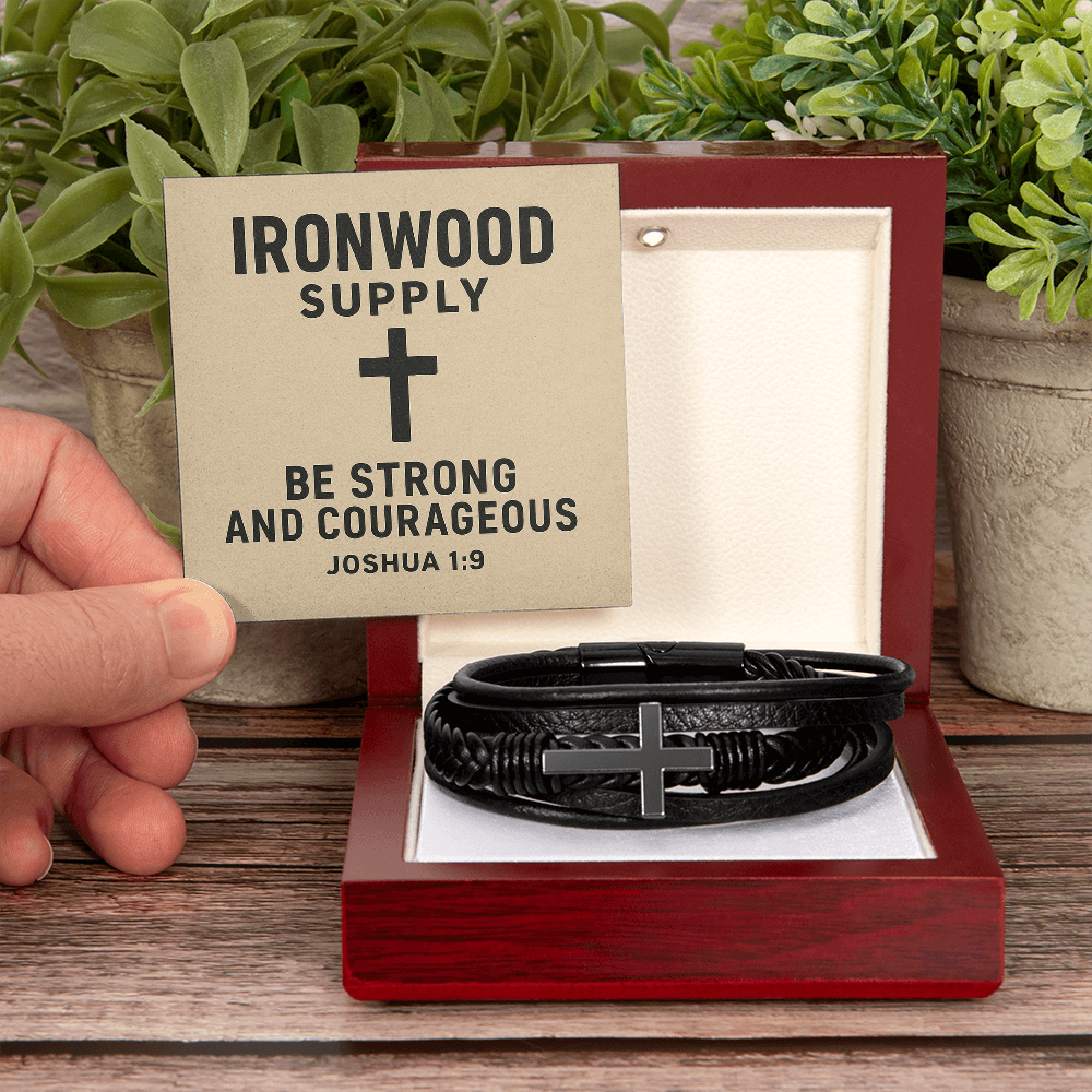 Forged Faith: Men's Black Leather Cross Bracelet